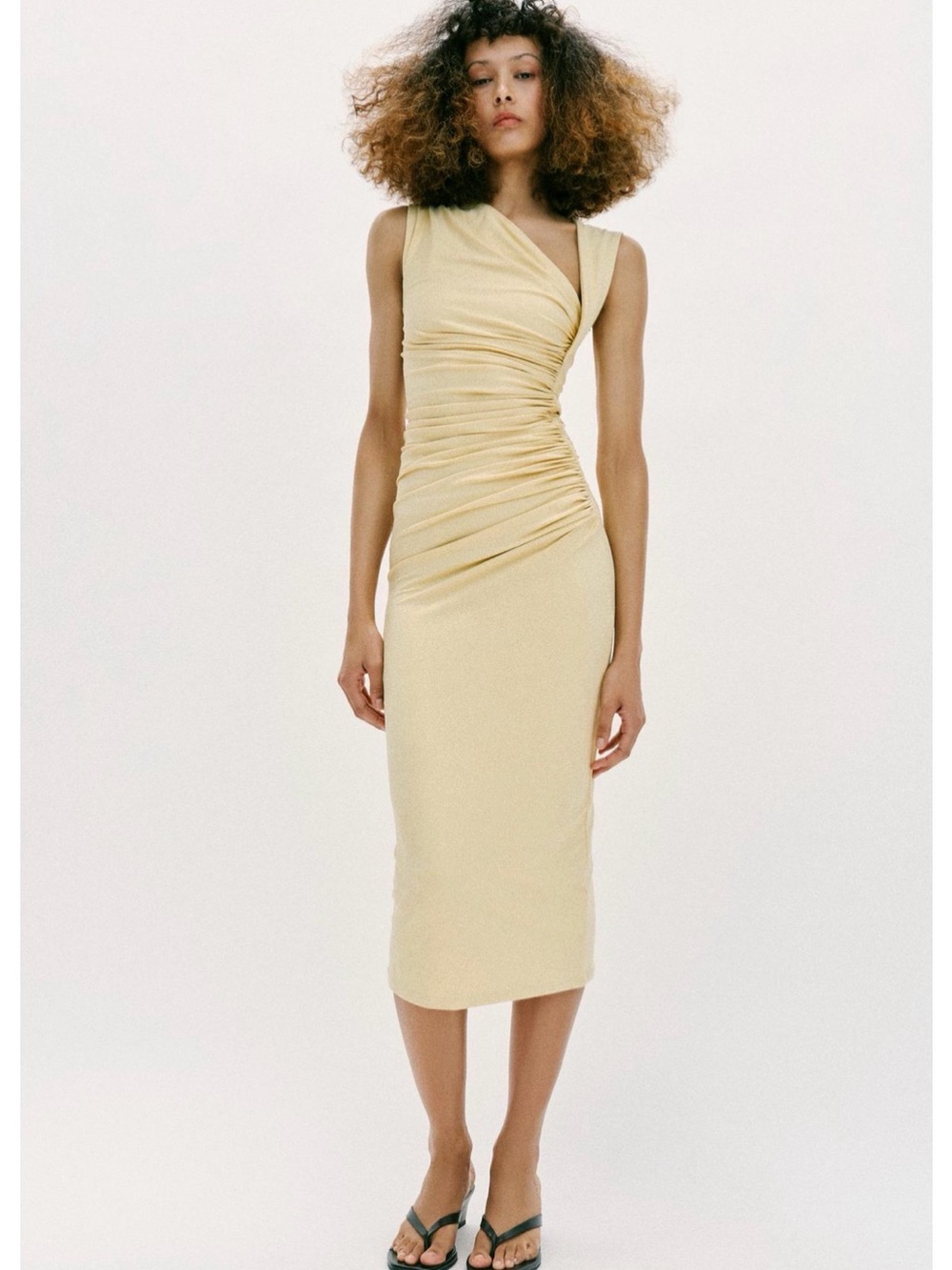 Zara Pale Yellow Asymmetric Ruched Midi Dress